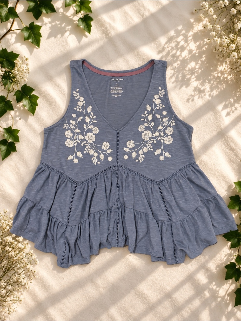 Arizona Jean Co Embroidered Floral Ruffle Tank Top Blue Size L
